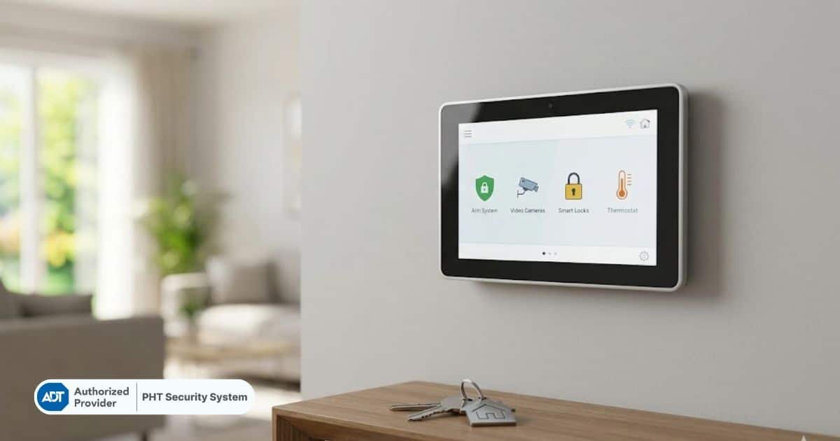 A wall-mounted ADT Command touchscreen control panel in a Houston home, showcasing a modern security system upgrade with smart home integration.