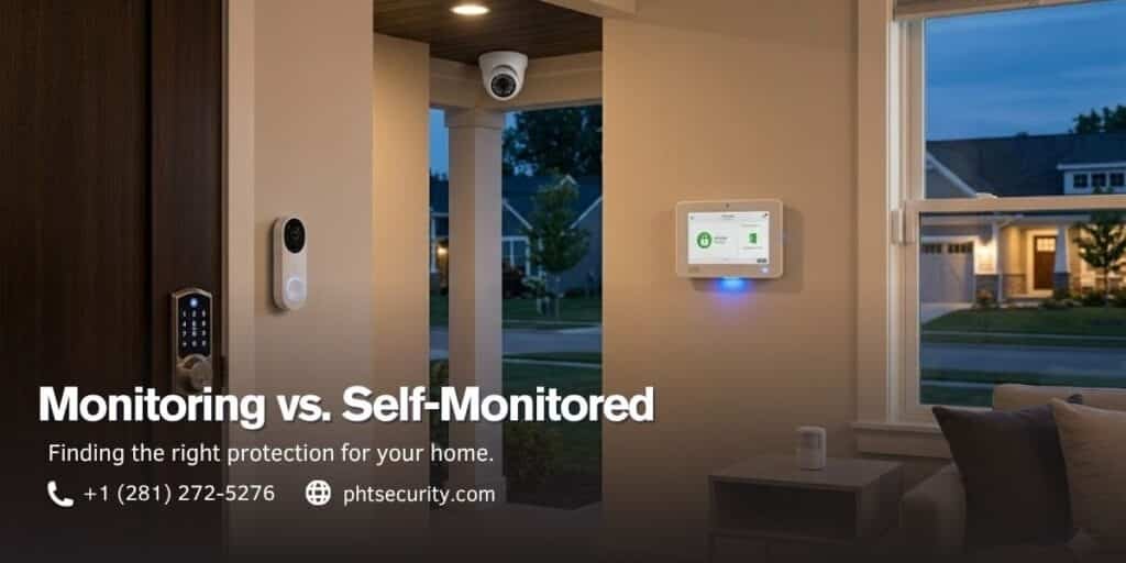 Comparison guide for professional alarm monitoring vs self-monitored systems featuring text overlay on a modern suburban home with visible security cameras and a smart doorbell.