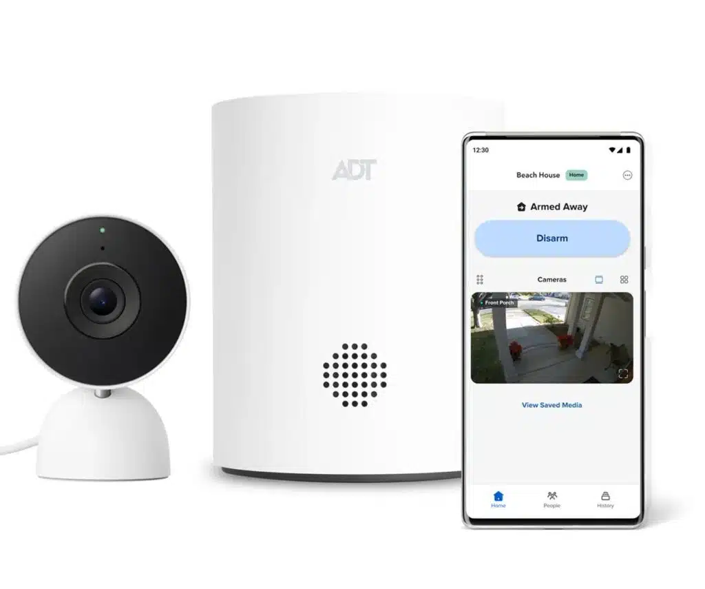 ADT home security kit featuring a white indoor camera, smart hub, and mobile app interface showing a live porch feed.