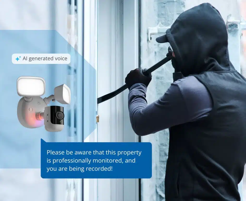 ADT outdoor floodlight camera with AI-generated voice warning a burglar that the property is professionally monitored.