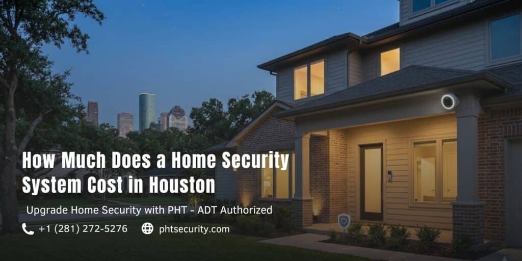 Modern Houston residential home featuring professional security camera and smart home monitoring system with city skyline background.
