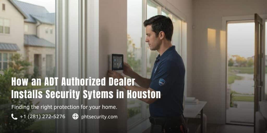 Professional ADT technician in a blue uniform installing a touchscreen security panel in a modern Houston home.