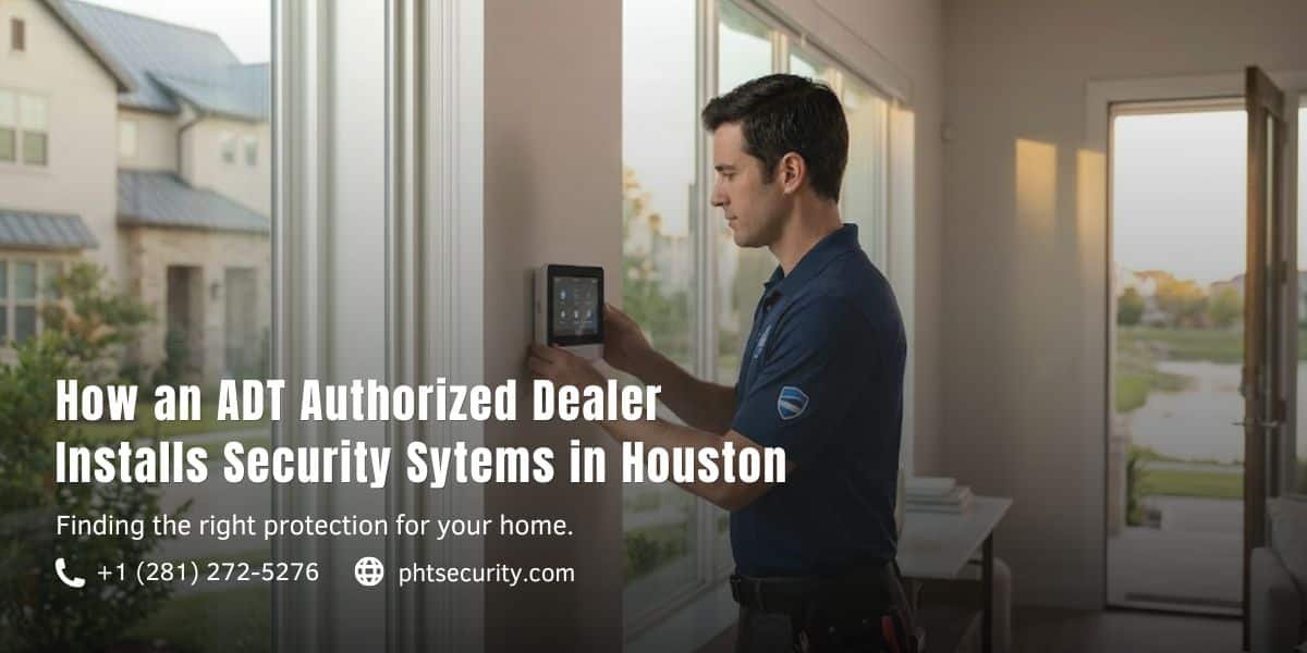 Professional ADT technician in a blue uniform installing a touchscreen security panel in a modern Houston home.