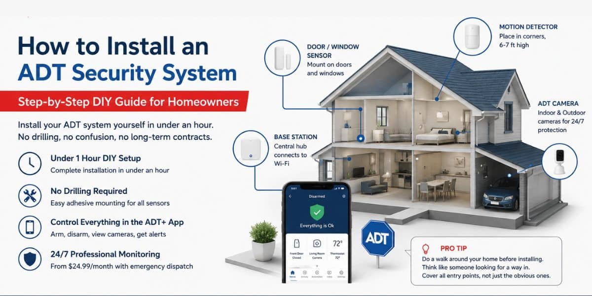 ADT security system installation infographic showing DIY home security setup with door and window sensors, motion detector placement, ADT cameras, base station connection, mobile app control, and PHT Security monitoring services for homeowners.