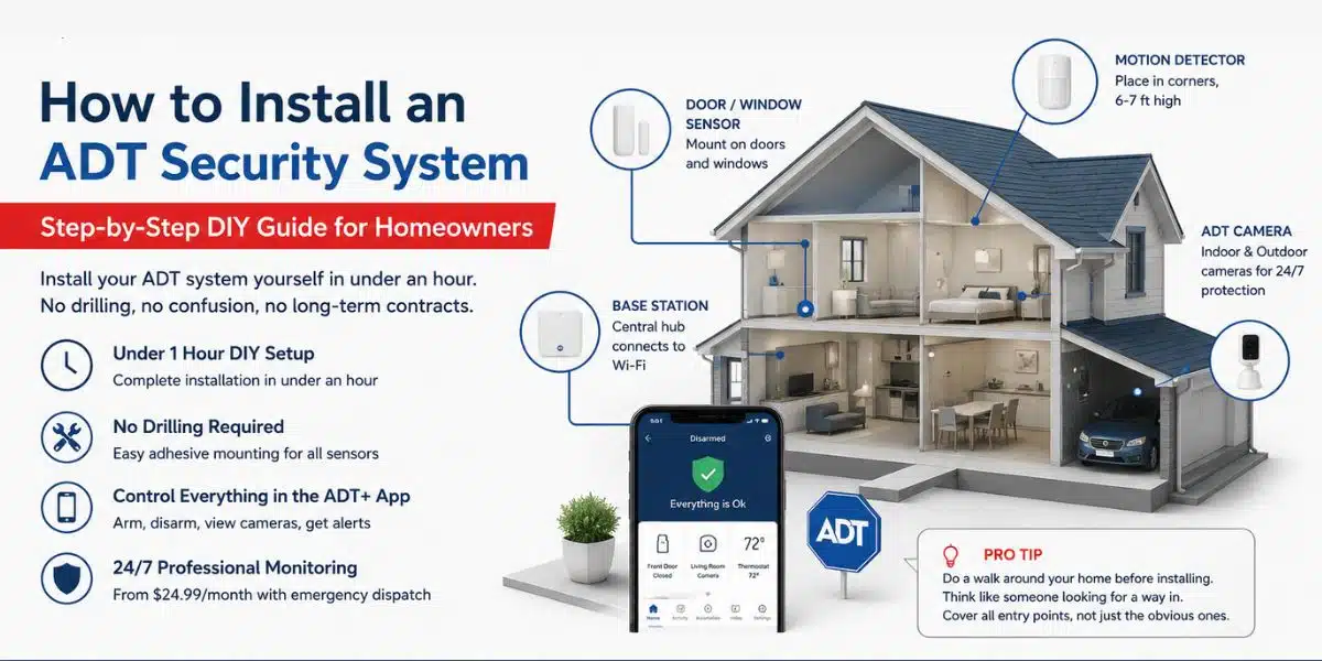 ADT security system installation infographic showing DIY home security setup with door and window sensors, motion detector placement, ADT cameras, base station connection, mobile app control, and PHT Security monitoring services for homeowners.