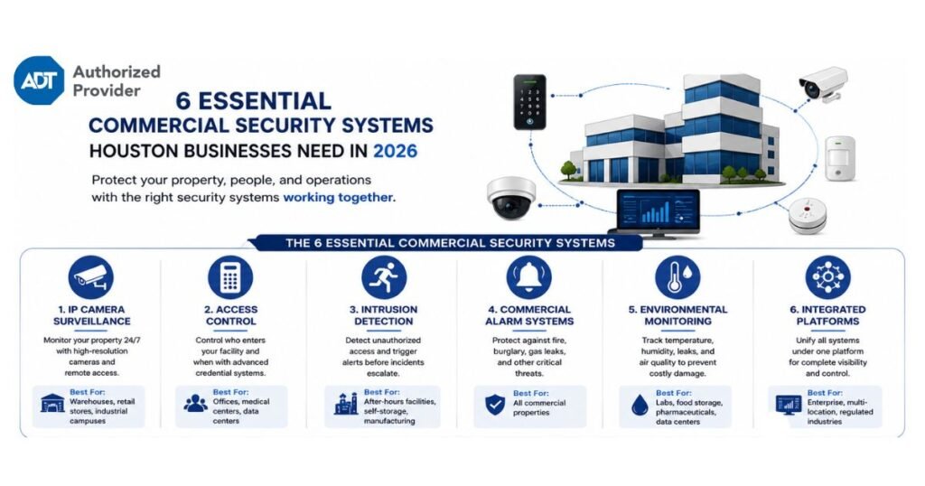 Infographic showing the 6 essential commercial security systems Houston businesses need in 2026, including IP camera surveillance, access control, intrusion detection, alarm systems, environmental monitoring, and integrated security platforms.