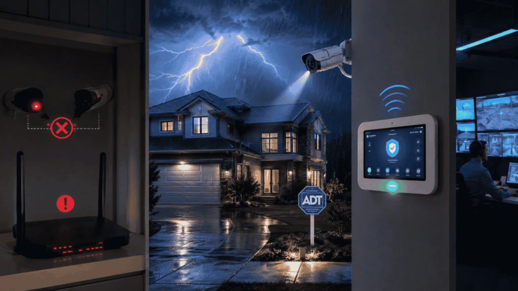 ADT home security stays connected with cellular backup during a storm.