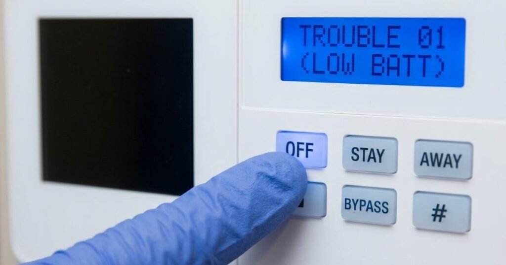 Using the security keypad buttons to temporarily silence a low battery alert warning beep