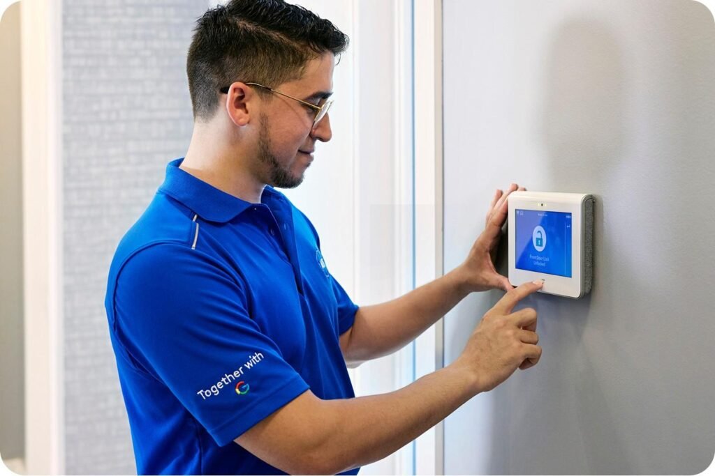 ADT technician with glasses installing command panel