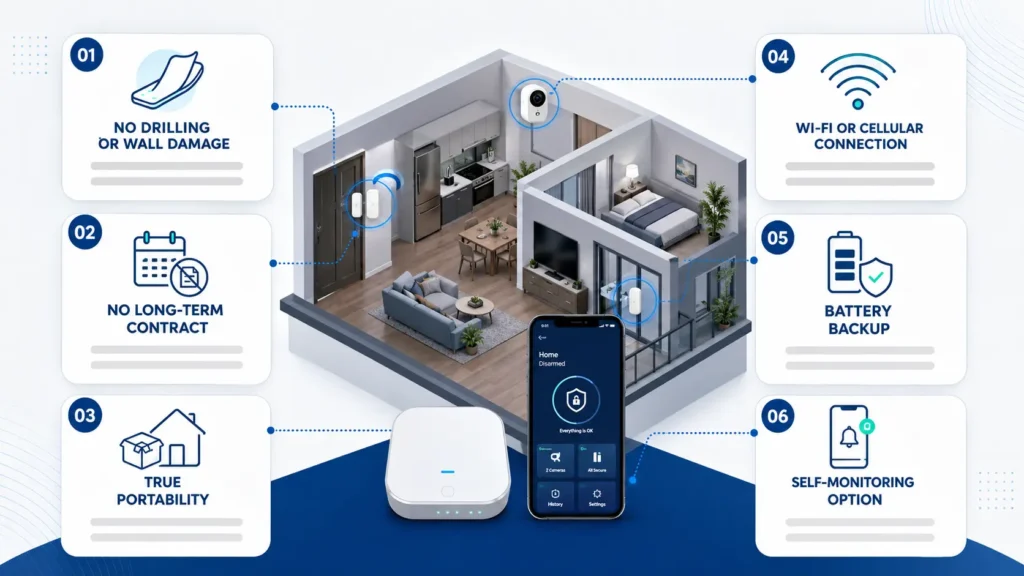 Modern infographic showing renter-friendly wireless apartment security system with six key features.
