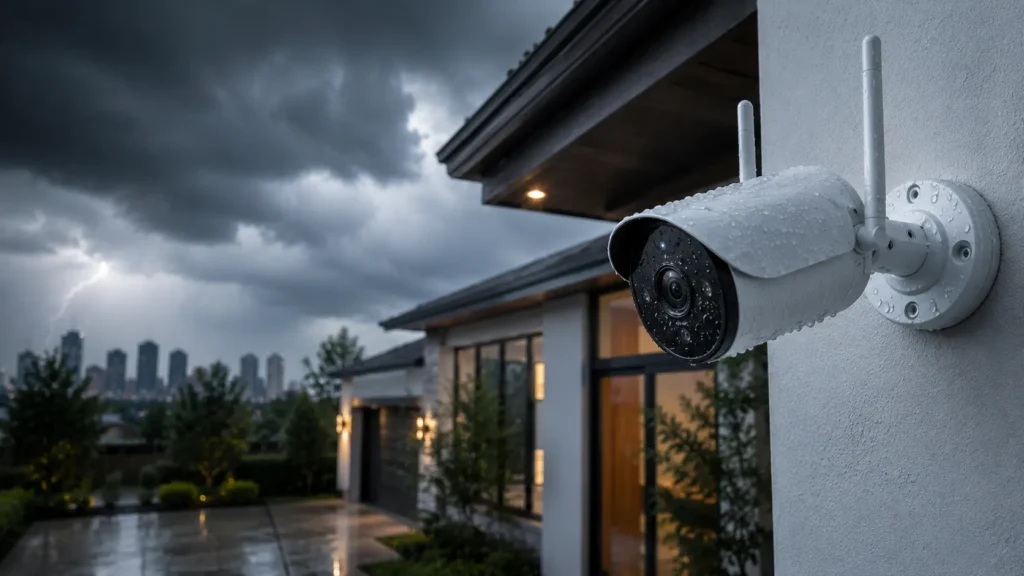 Weatherproof wireless security camera protecting a modern Houston home during heavy rain