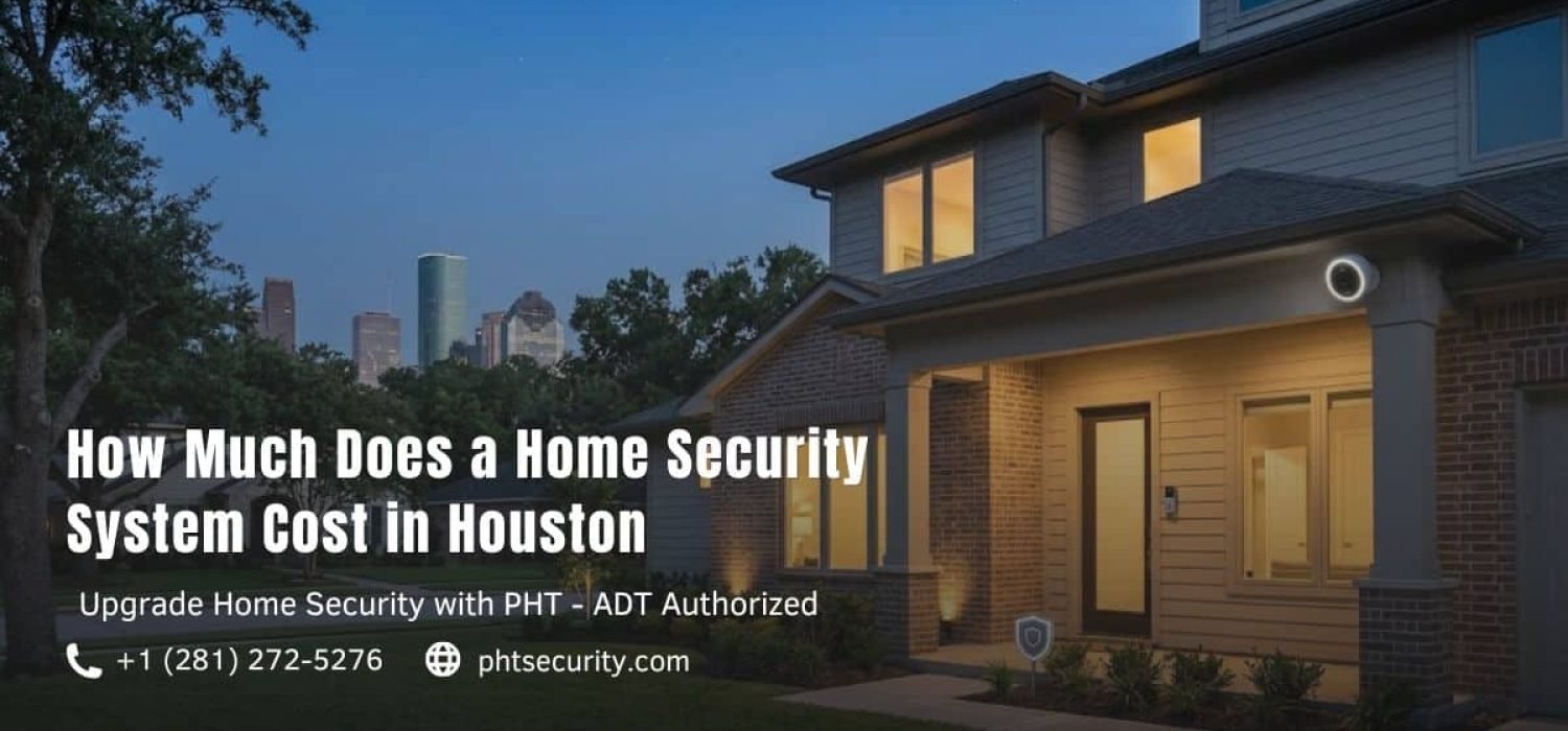 Modern Houston residential home featuring professional security camera and smart home monitoring system with city skyline background.