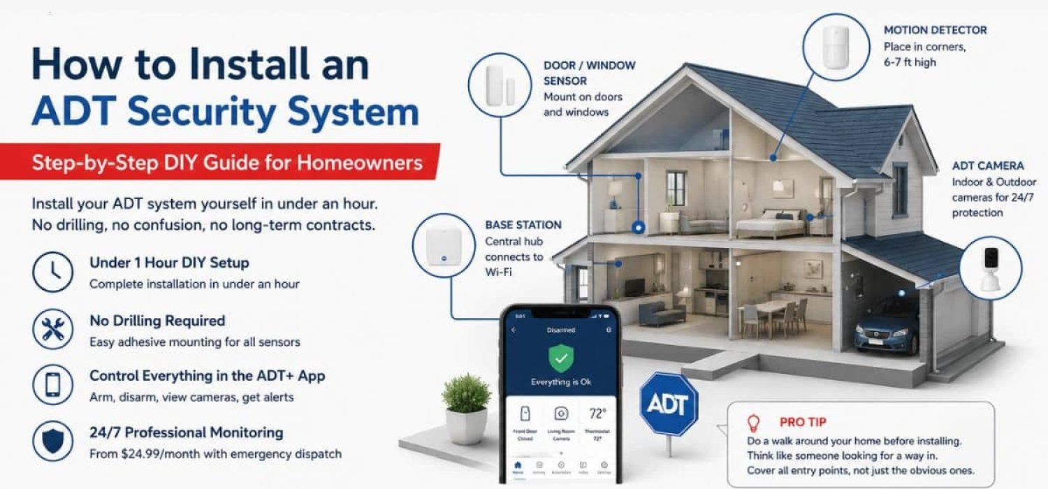 ADT security system installation infographic showing DIY home security setup with door and window sensors, motion detector placement, ADT cameras, base station connection, mobile app control, and PHT Security monitoring services for homeowners.