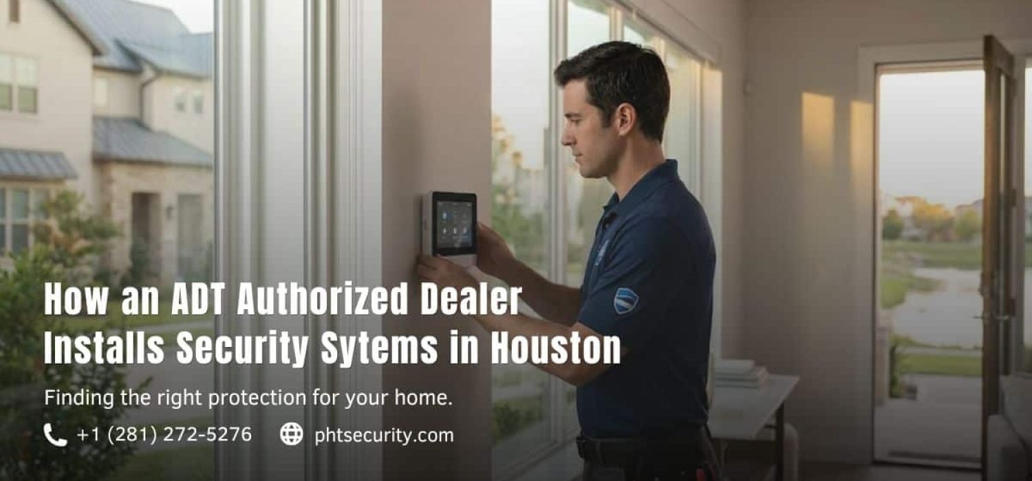 Professional ADT technician in a blue uniform installing a touchscreen security panel in a modern Houston home.